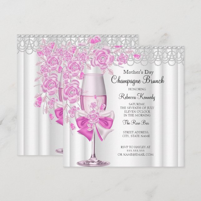 Mother's Day Pretty Pink Rose Champagne Brunch 2a Invitation (Front/Back)