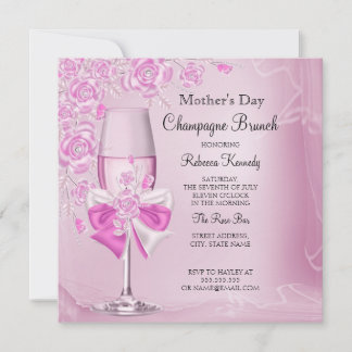 Mother's Day Pretty Pink Rose Champagne Brunch Invitation