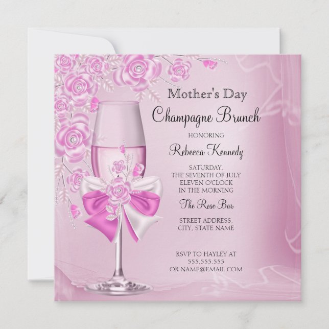 Mother's Day Pretty Pink Rose Champagne Brunch Invitation (Front)