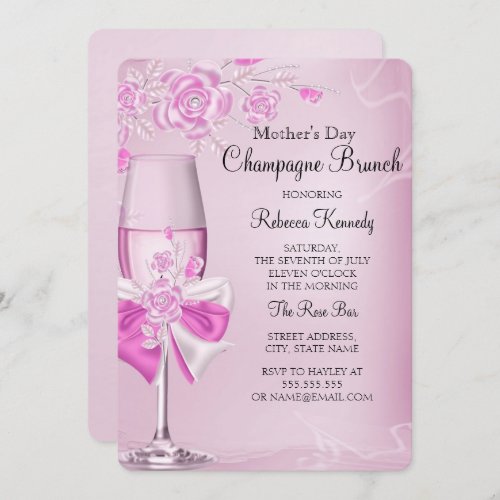 Mothers Day Pretty Pink Rose Champagne Brunch Invitation
