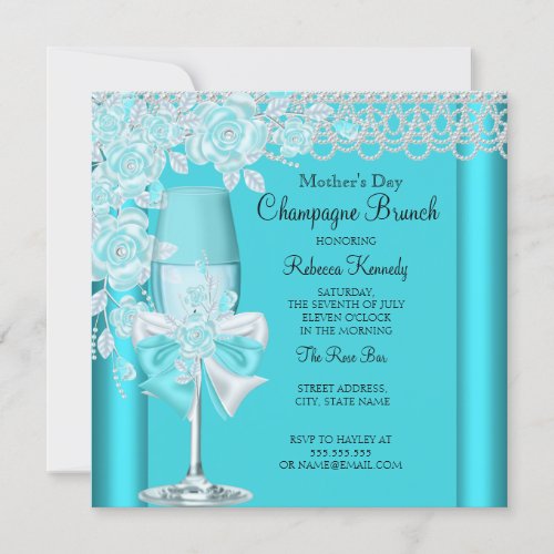 Mothers Day Pretty Teal Rose Champagne Brunch 2C Invitation