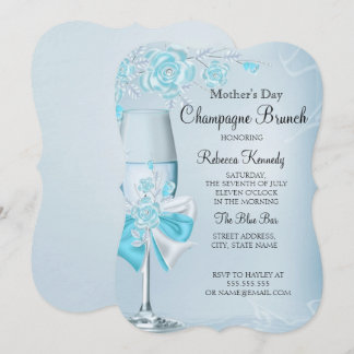 Mother's Day Pretty Teal Rose Champagne Brunch Invitation