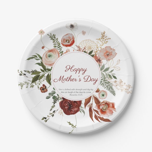 Mother's Day Proverbs 31:25 Blush Pink Floral Paper Plates (Front)