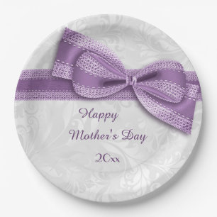 Mother's Day Purple Damask and Faux Bow Paper Plates