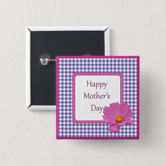 Mother's Day Purple Flower and Gingham Design Pinback Button (Front & Back)