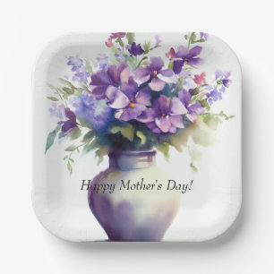 Mother's Day Purple Pansy Flowers Paper Plate