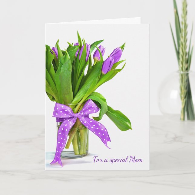 Mother's Day purple tulip bouquet on white Card (Front)