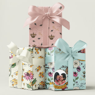 Mothers Day Queen Bee, Honeycomb and Flowers Photo Wrapping Paper Sheets