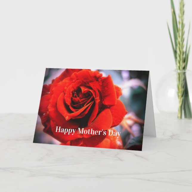 Mother's Day Raindrops Red Rose Card (Front)