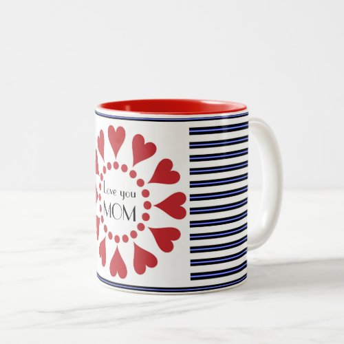 Mothers Day red love hearts navy  white striped Two_Tone Coffee Mug