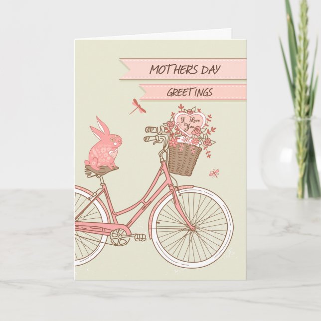 Mother's Day Retro Bicycle Rabbit & Flower Basket Card (Front)