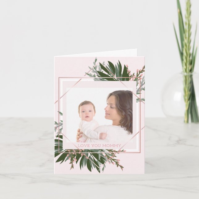 Mother's Day Rose Gold Floral Personalized Photo Holiday Card (Front)