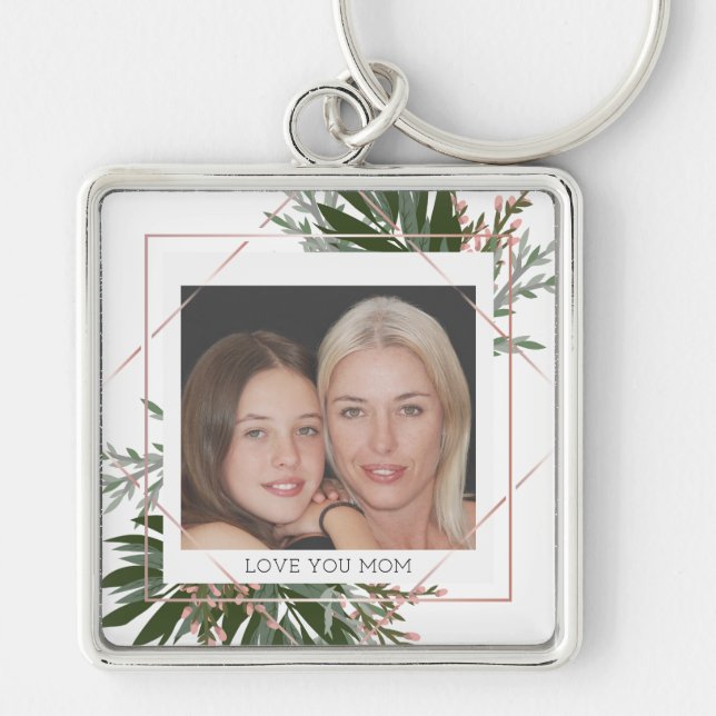 Mother's Day Rose Gold Floral Personalized Photo Keychain (Front)