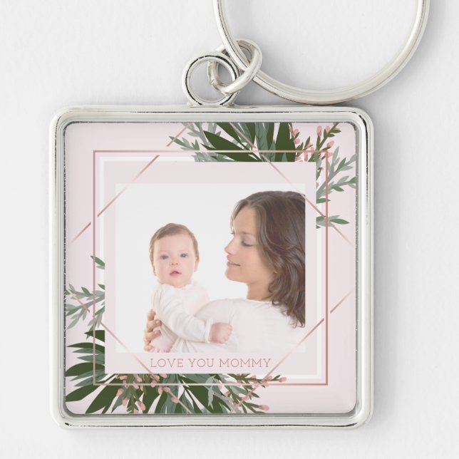 Mother's Day Rose Gold Floral Personalized Photo Keychain (Front)