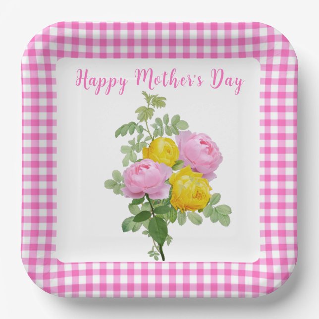 Mother's Day Roses with Pink Gingham   Paper Plates (Front)