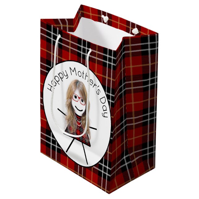 Mother's Day Stick Girl on Tartan Plaid    Medium Gift Bag (Front Angled)