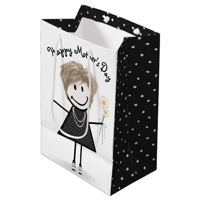 Mother's Day Stick Girl with Daisies Medium Gift Bag (Front Angled)