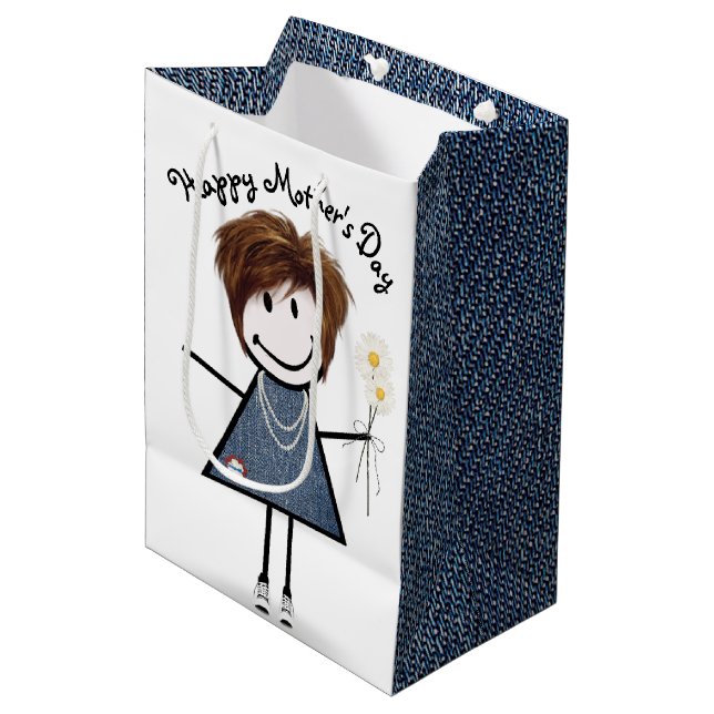 Mother's Day Stick Girl with Daisies  Medium Gift Bag (Front Angled)