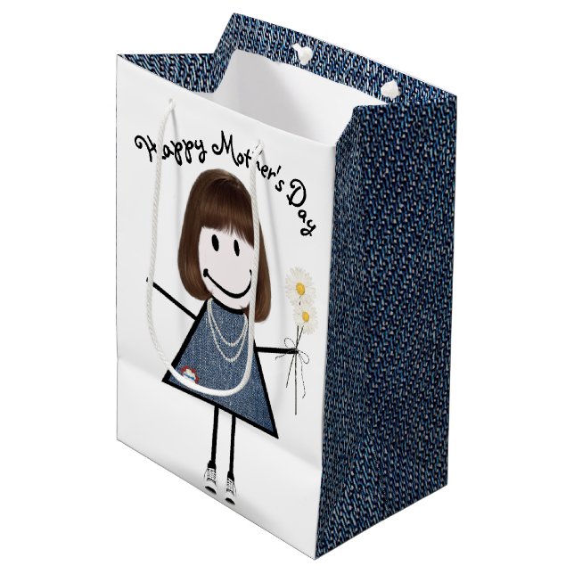 Mother's Day Stick Girl with Daisies  Medium Gift Bag (Front Angled)