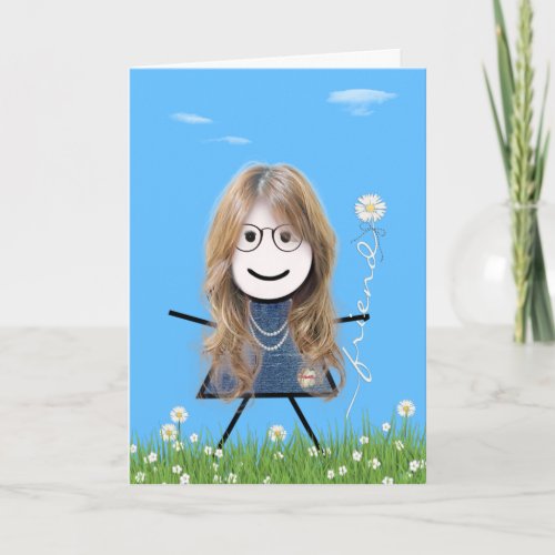 Mothers Day Stick Girl with Daisy Friend Bouquet Card