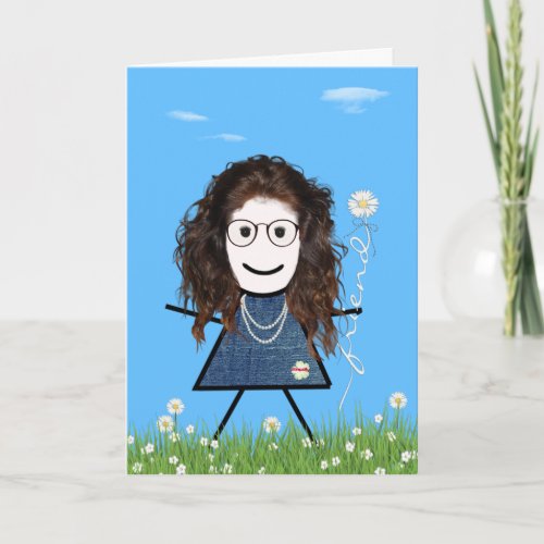 Mothers Day Stick Girl with Daisy Friend Bouquet  Card