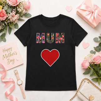 Mothers Day Stylish Modern Floral Mum Heart T-Shirt