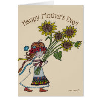 Mothers Day Sunflowers Ukrainian Girl Folk Art Card