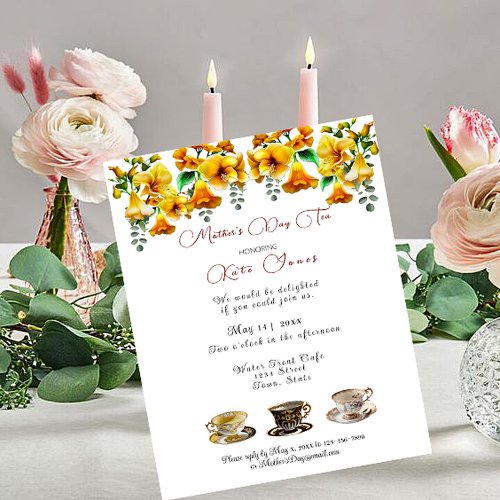  Mothers Day Tea Cups Watercolor Trumpet Flower Invitation
