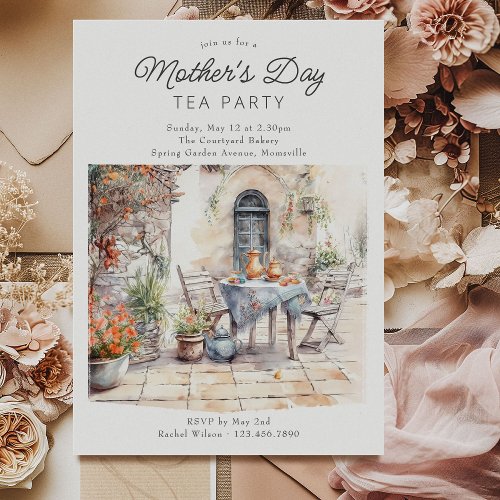 Mothers Day Tea Party Watercolor Garden Courtyard Invitation