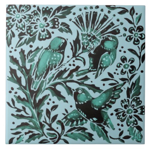 Mothers Day Teal Bue Birds  Flowers Aqua Green Ceramic Tile