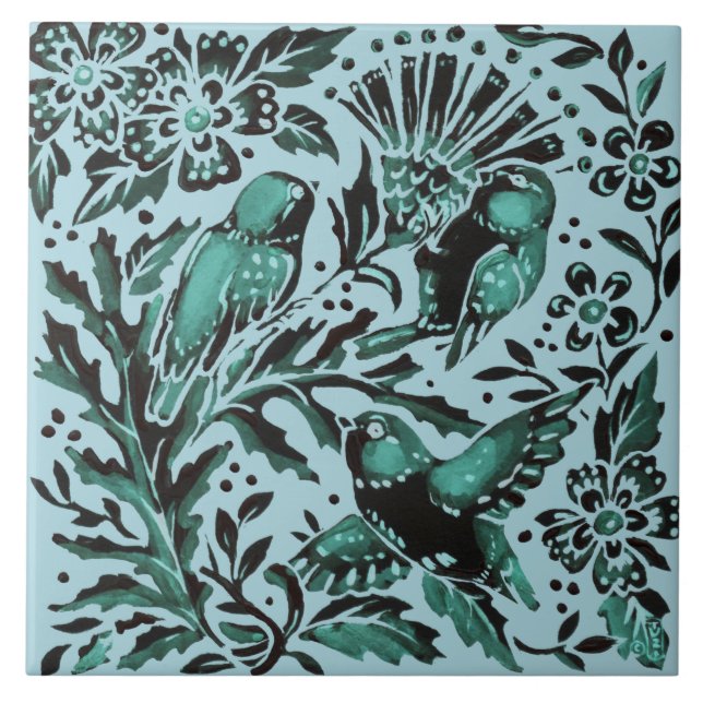 Mother's Day Teal Bue Birds & Flowers Aqua Green Ceramic Tile (Front)