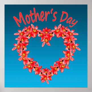 Mother's Day - Tulip Heart Illustration on Blue |  Poster