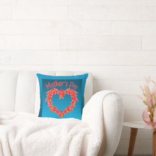 Mother's Day - Tulip Heart Illustration on Blue Throw Pillow