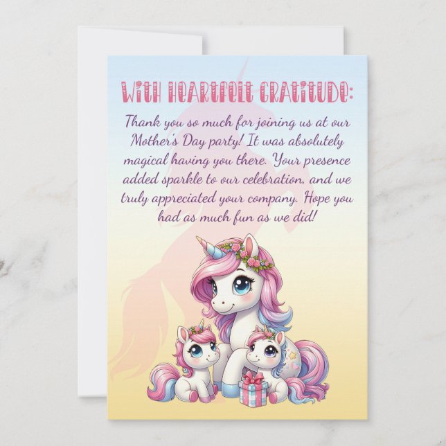 Mother's Day Unicorn-Themed Party Thank You Card (Front)