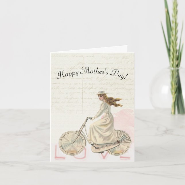 Mother's Day Victorian Woman Riding a Bike Love Holiday Card (Front)