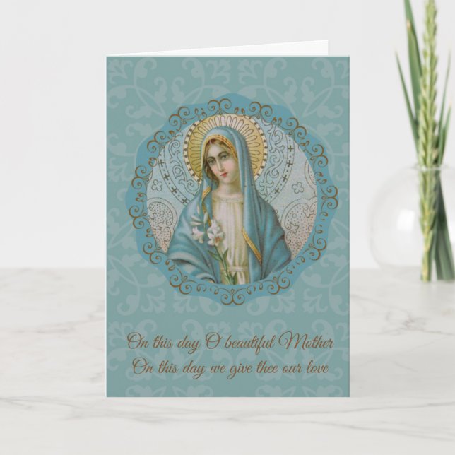 Mothers Day Virgin Mary Lily Turquoise Gold Silver Card (Front)