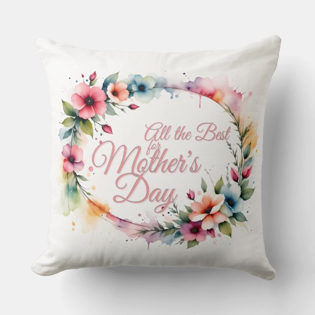 Mother's Day Watercolor Floral Wreath in Pink V2.0 Throw Pillow (Front)