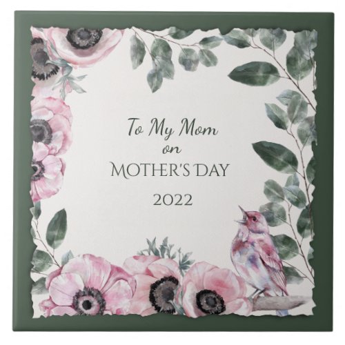Mothers Day Watercolor Flowers and Bird Ceramic Tile