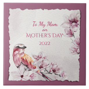 Mother's Day Watercolor Flowers and Bird Ceramic Tile