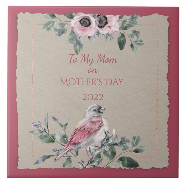 Mother's Day Watercolor Flowers and Bird Ceramic Tile (Front)