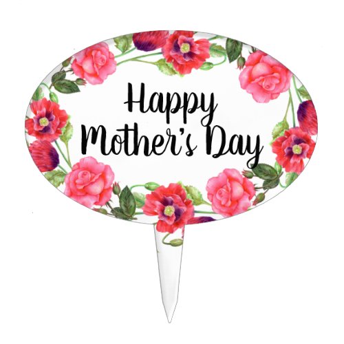 Mothers Day Watercolor Red and Pink Flowers Cake Topper