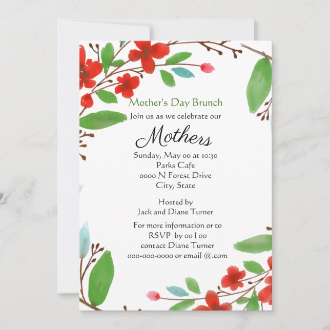 Mother's Day Watercolor Red Flowers Brunch  Invitation (Front)