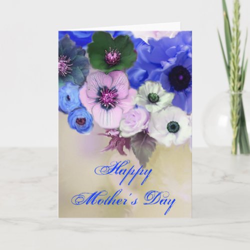 MOTHERS DAY WHITE BLUE  ROSES AND ANEMONE FLOWERS CARD
