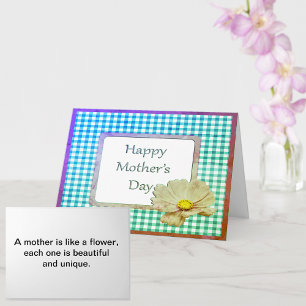 Mother's Day White Flower and Blue Gingham Card