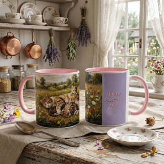 Mother's Day Wildflower Meadow Cat and Kittens Mug