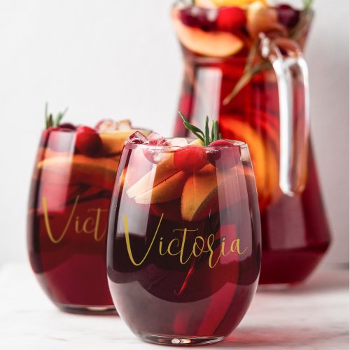 Mothers Day Wine Lover Gold Script Modern Stemless Wine Glass
