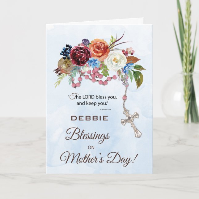 Mothers Day With Catholic Rosary and Flowers Card (Front)