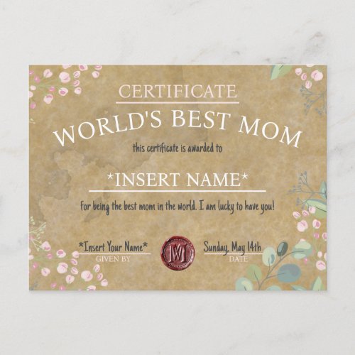 Mothers Day Worlds Best Mom Certificate Announcement Postcard