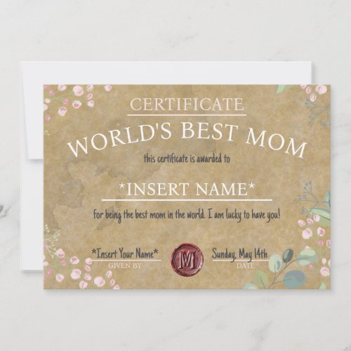 Mothers Day Worlds Best Mom Certificate Invitation