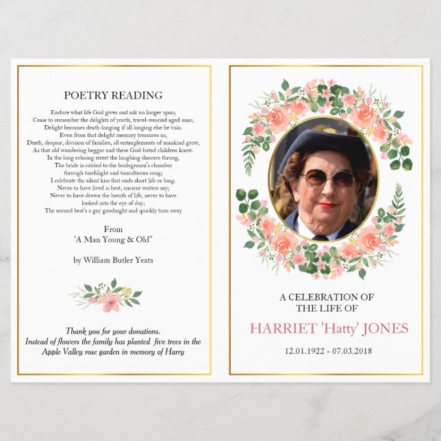 Mothers funeral folded program, pink rose & gold flyer (Front)
